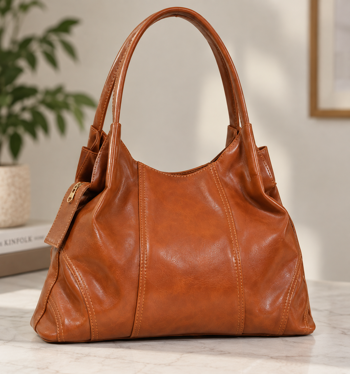 Premium Brown Leather Handbag – Elegant Design, Spacious Style & Everyday Sophistication