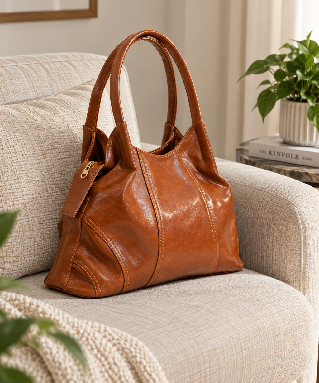 Premium Brown Leather Handbag – Elegant Design, Spacious Style & Everyday Sophistication