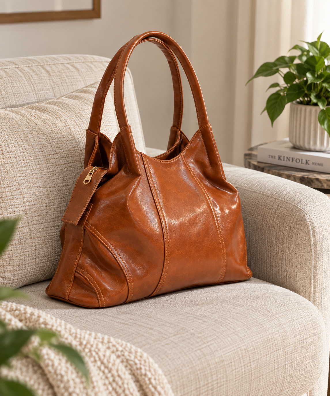 Premium Brown Leather Handbag – Elegant Design, Spacious Style & Everyday Sophistication