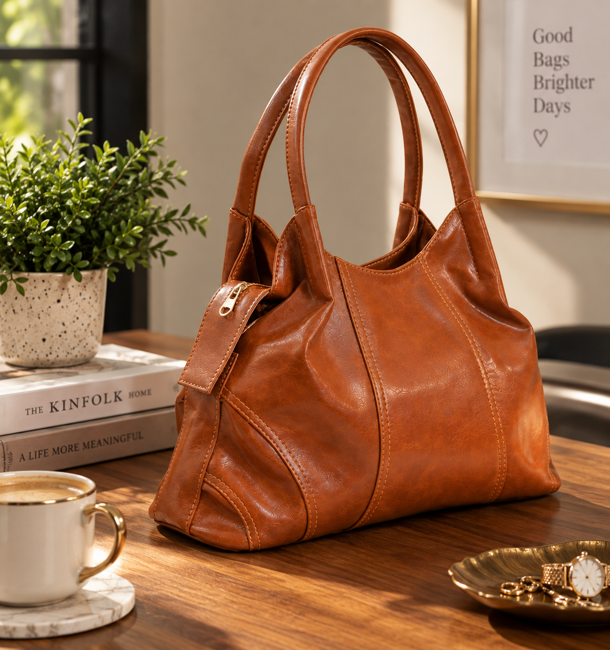 Premium Brown Leather Handbag – Elegant Design, Spacious Style & Everyday Sophistication