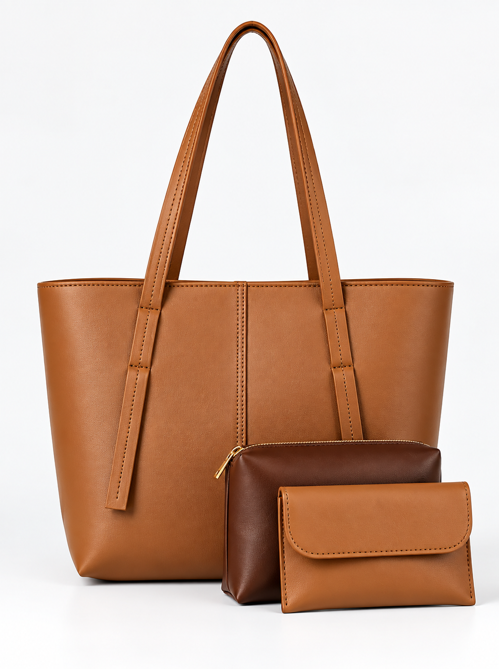 Premium Brown Leather Tote Bag Set – Elegant Handbag with Matching Pouch & Wallet