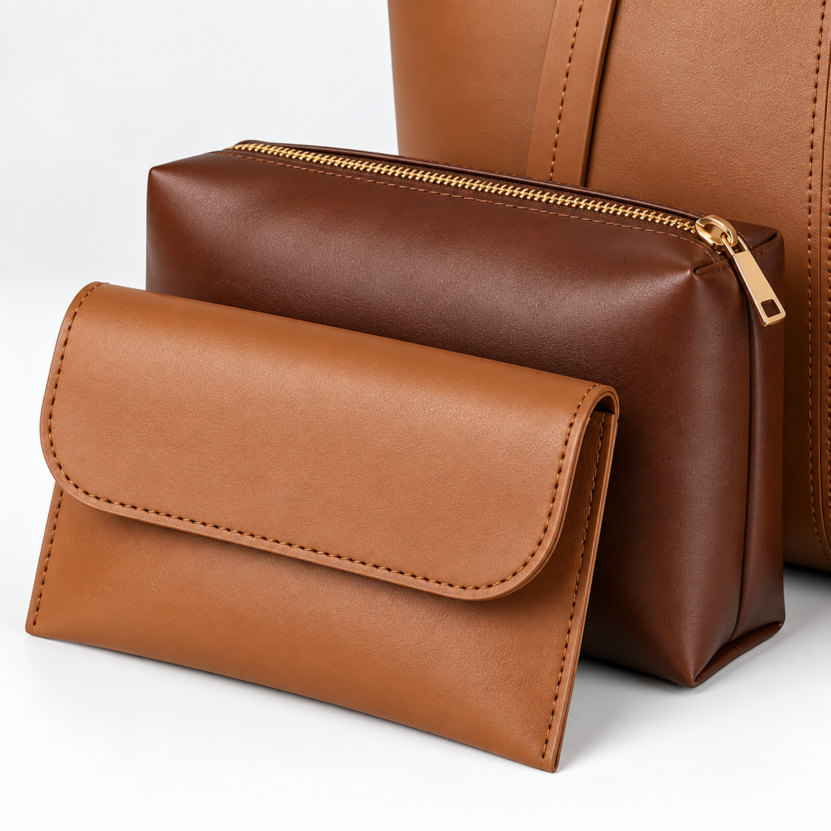 Premium Brown Leather Tote Bag Set – Elegant Handbag with Matching Pouch & Wallet