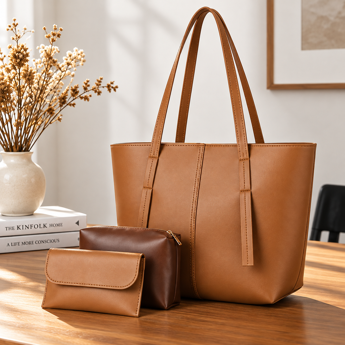 Premium Brown Leather Tote Bag Set – Elegant Handbag with Matching Pouch & Wallet