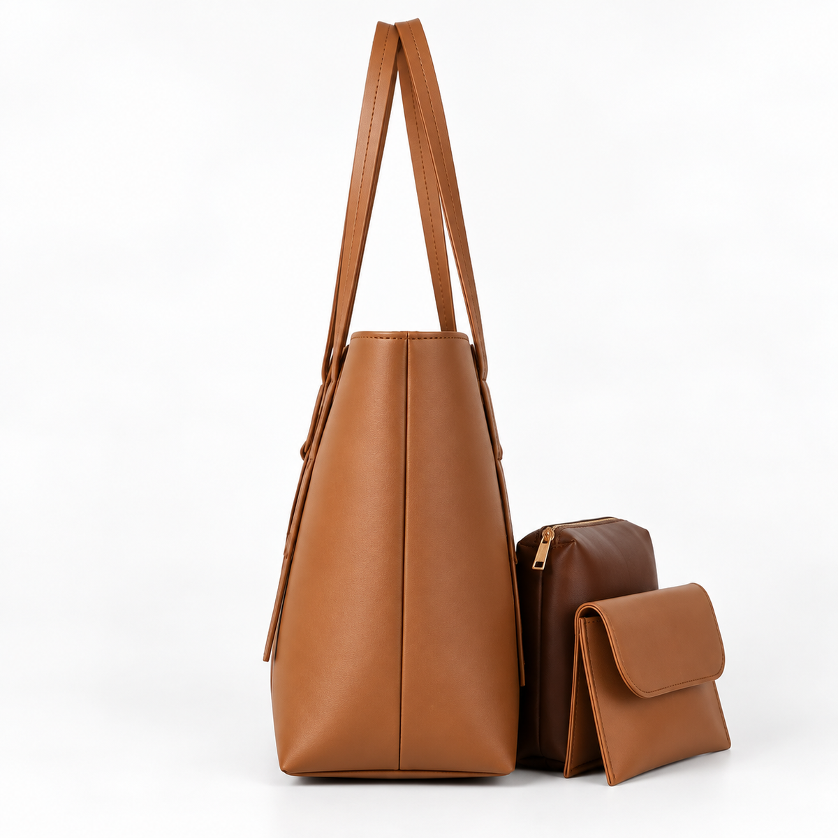 Premium Brown Leather Tote Bag Set – Elegant Handbag with Matching Pouch & Wallet
